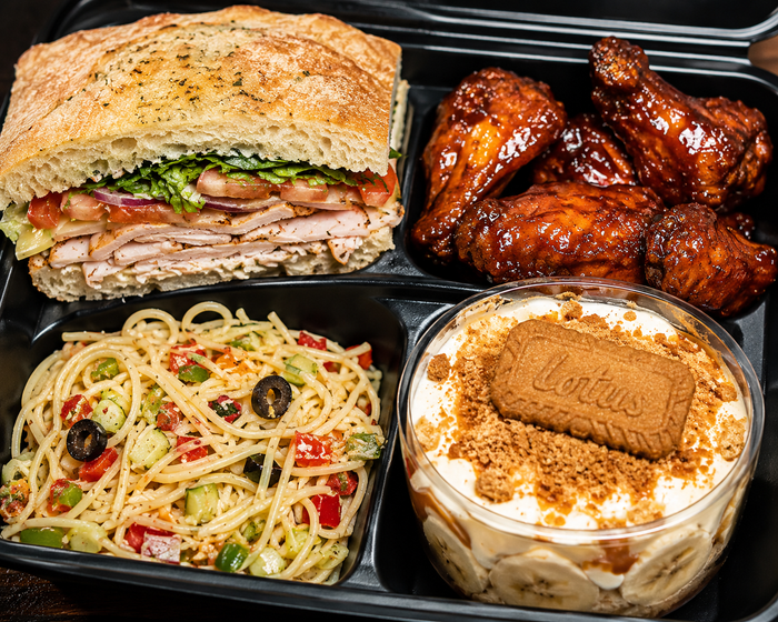Italian Turkey Ciabatta with BBQ Wings, Spaghetti Salad and Biscoff Banana Pudding
