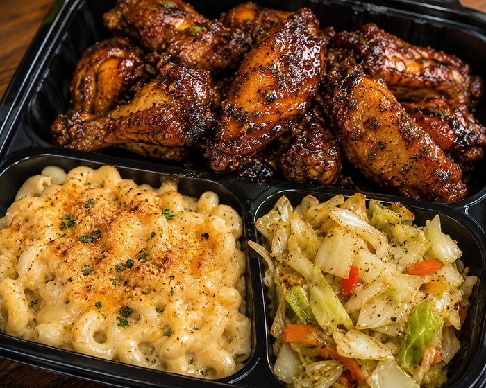 Honey Jerk Wings with Baked White Mac & Cabbage
