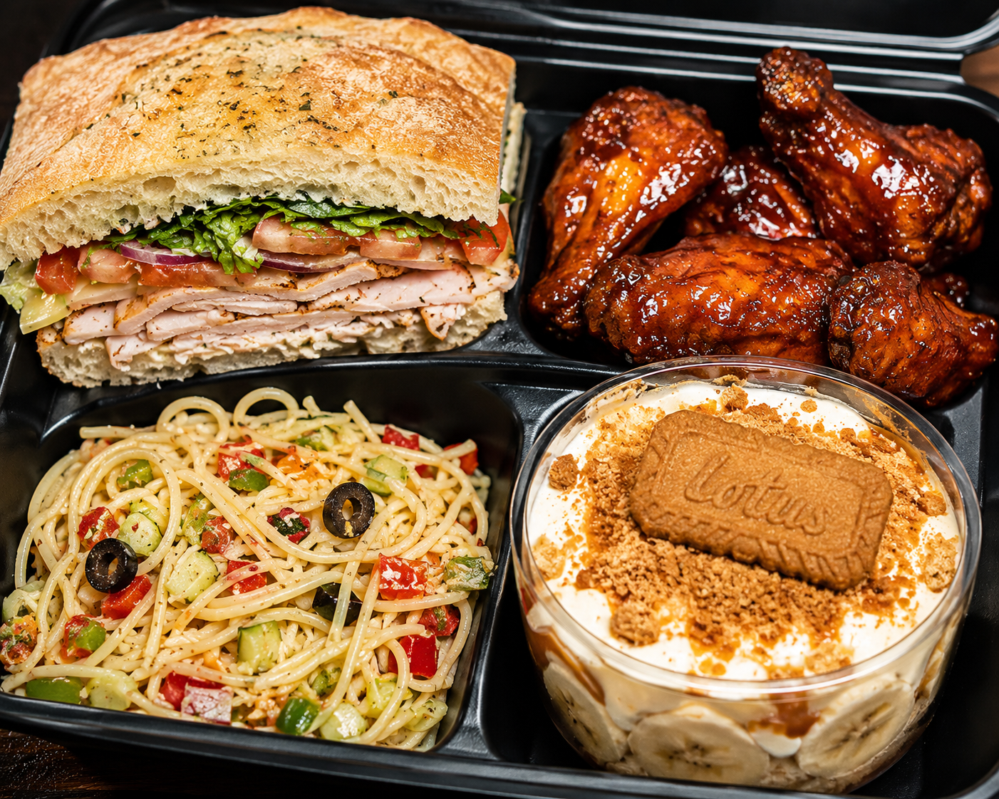 Italian Turkey Ciabatta with BBQ Wings, Spaghetti Salad and Biscoff Banana Pudding